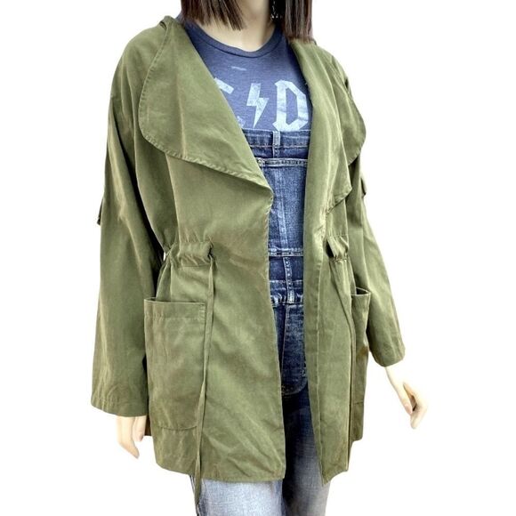 Khaki Green Envelope Front Drawstring Waist Pockets Lightweight Hooded Jacket - Picture 3 of 4